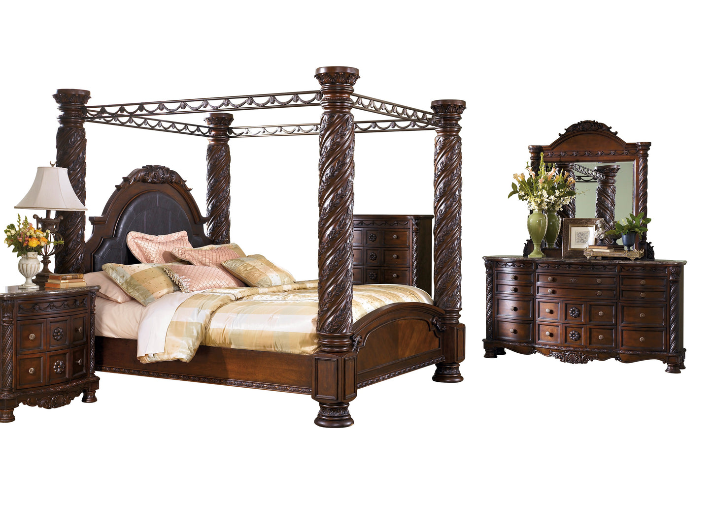 Ashley North Shore 5PC Bedroom Set Cal king Poster Canopy Bed Dresser Mirror One Nightstand Chest in Dark Brown