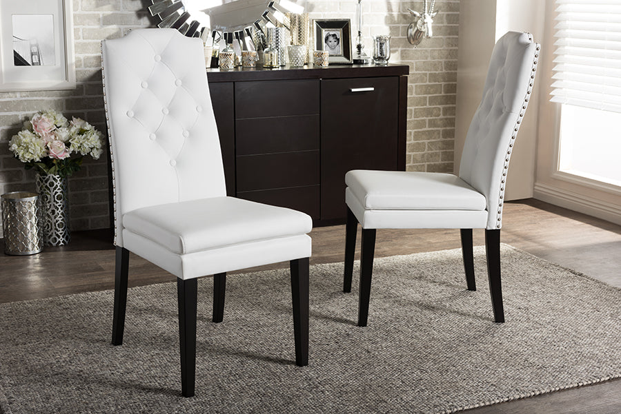 Contemporary 2 Button Tufted Dining Chairs in White Faux Leather