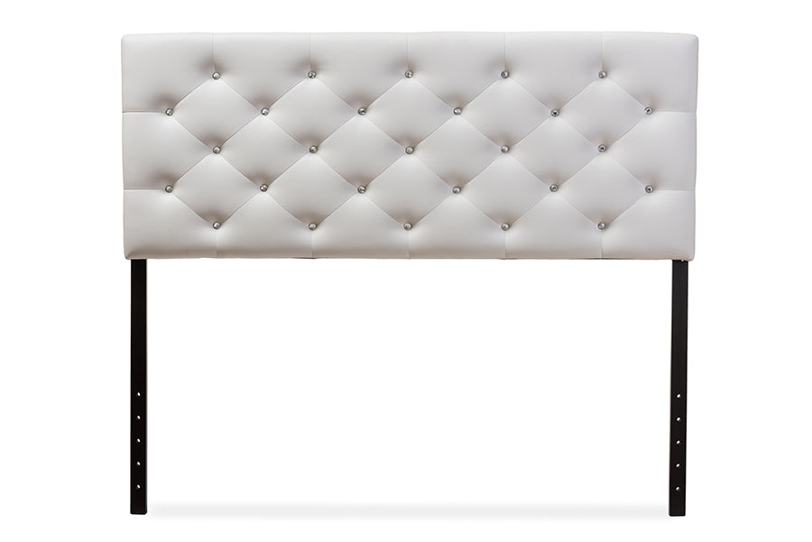 Contemporary Button Tufted Queen Size Headboard in White Faux Leather - The Furniture Space.