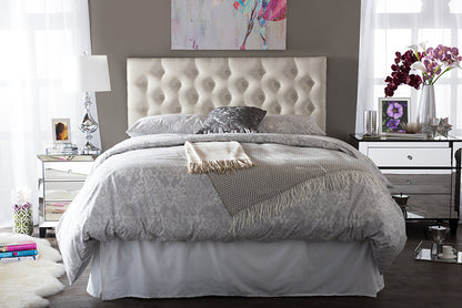 Contemporary Button Tufted Queen Size Headboard in Light Beige Fabric - The Furniture Space.