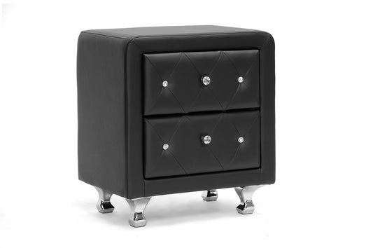 Contemporary Crystal Button Nightstand in Black Faux Leather - The Furniture Space.