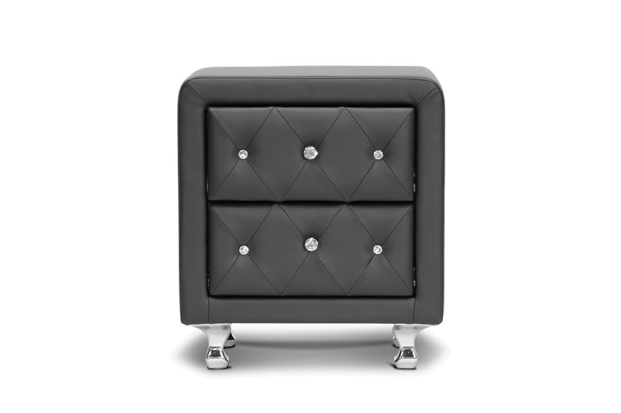 Contemporary Crystal Button Nightstand in Black Faux Leather - The Furniture Space.