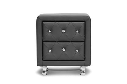 Contemporary Crystal Button Nightstand in Black Faux Leather - The Furniture Space.