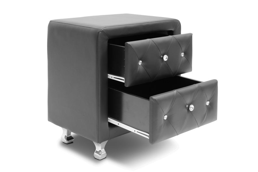 Contemporary Crystal Button Nightstand in Black Faux Leather - The Furniture Space.