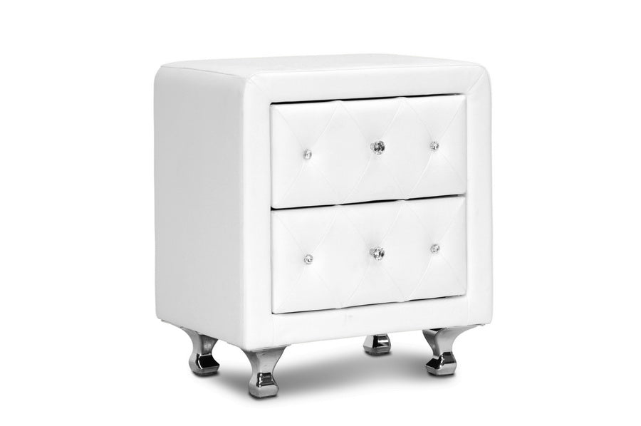 Contemporary Crystal Button Nightstand in White Faux Leather - The Furniture Space.