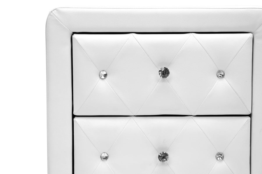 Contemporary Crystal Button Nightstand in White Faux Leather - The Furniture Space.