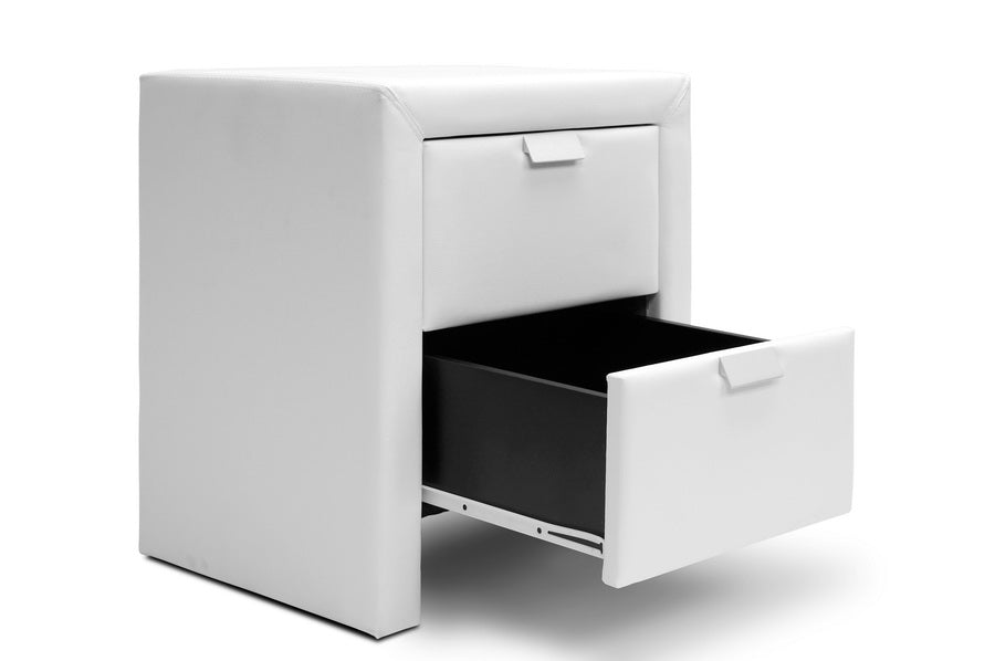 Contemporary Nightstand in White Faux Leather - The Furniture Space.
