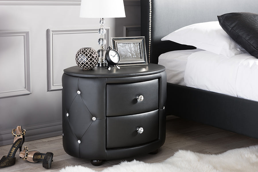 Glamour Oval Nightstand in Black Faux Leather