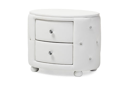 Glamour Oval Nightstand in White Faux Leather