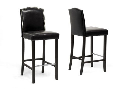 Modern 2 Bar Stools with Nail Trim in Black Faux Leather bxi4296-85