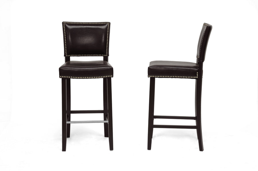 Modern 2 Bar Stools with Nail Trim in Brown Faux Leather bxi4300-85
