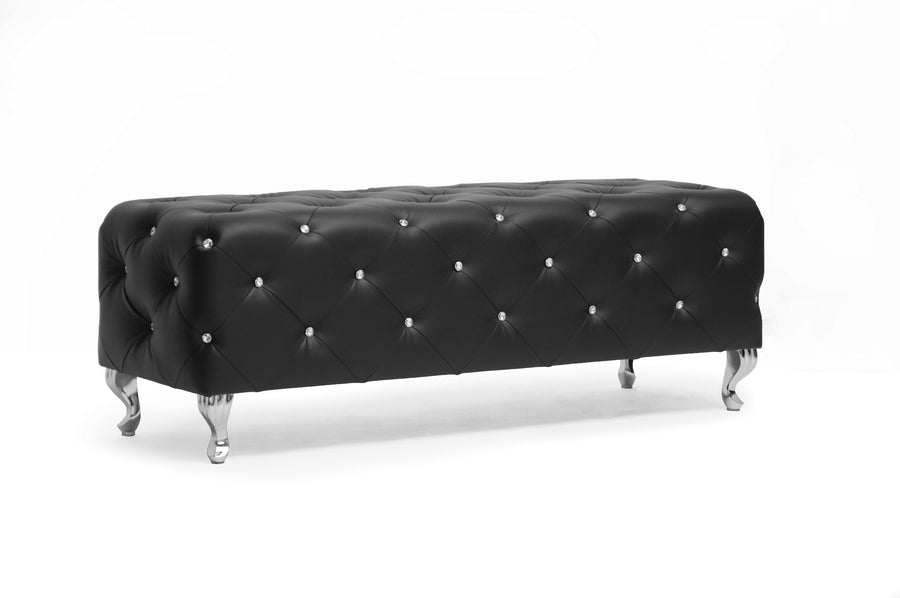 Contemporary Crystal Tufted Bench in Black Faux Leather - The Furniture Space.