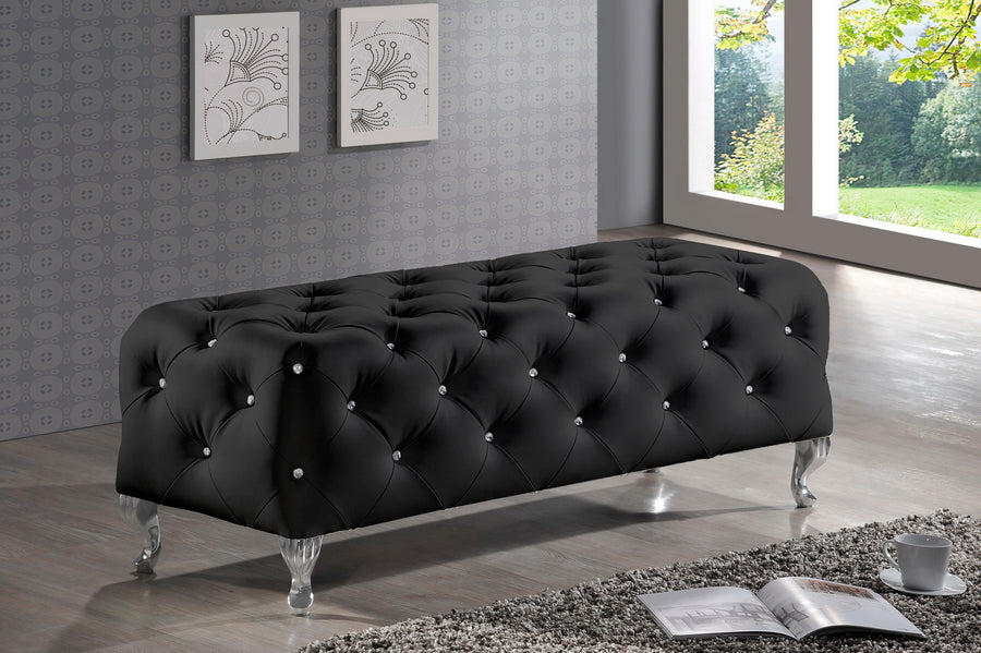 Contemporary Crystal Tufted Bench in Black Faux Leather - The Furniture Space.