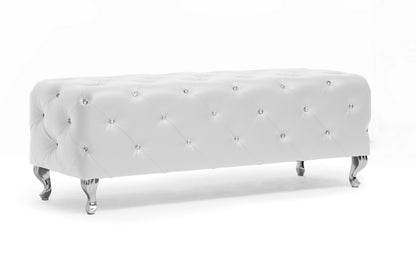 Contemporary Crystal Tufted Bench in White Faux Leather - The Furniture Space.