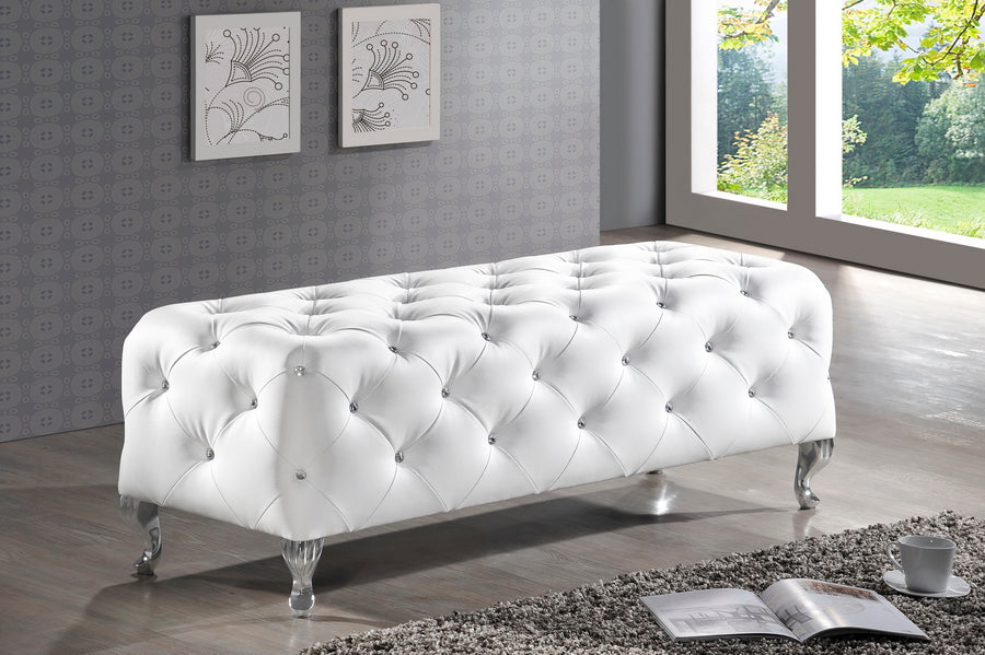 Contemporary Crystal Tufted Bench in White Faux Leather - The Furniture Space.