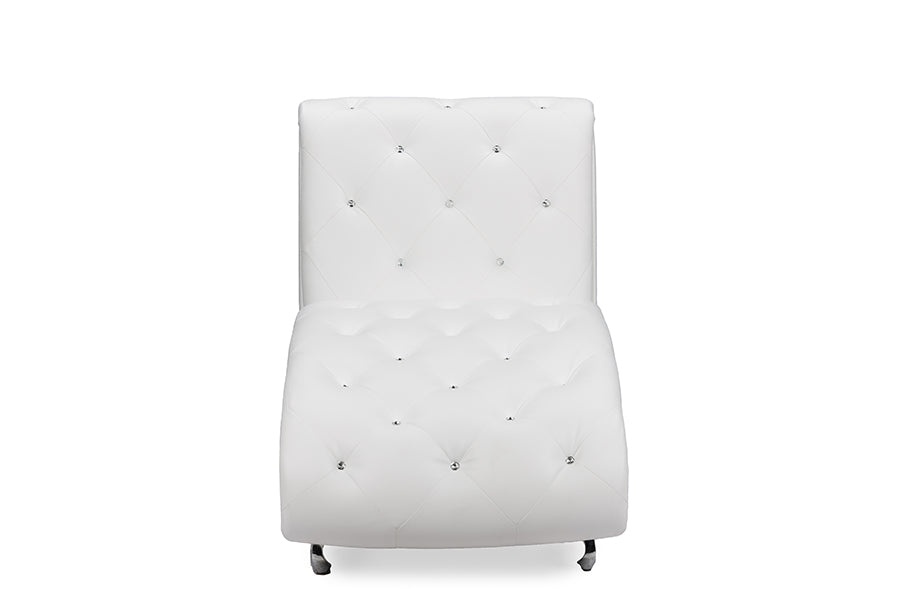 Contemporary Button Tufted Chaise Lounge Chair in White Faux Leather - The Furniture Space.