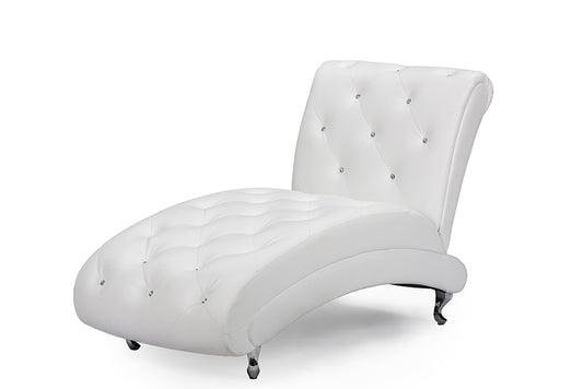 Contemporary Button Tufted Chaise Lounge Chair in White Faux Leather - The Furniture Space.