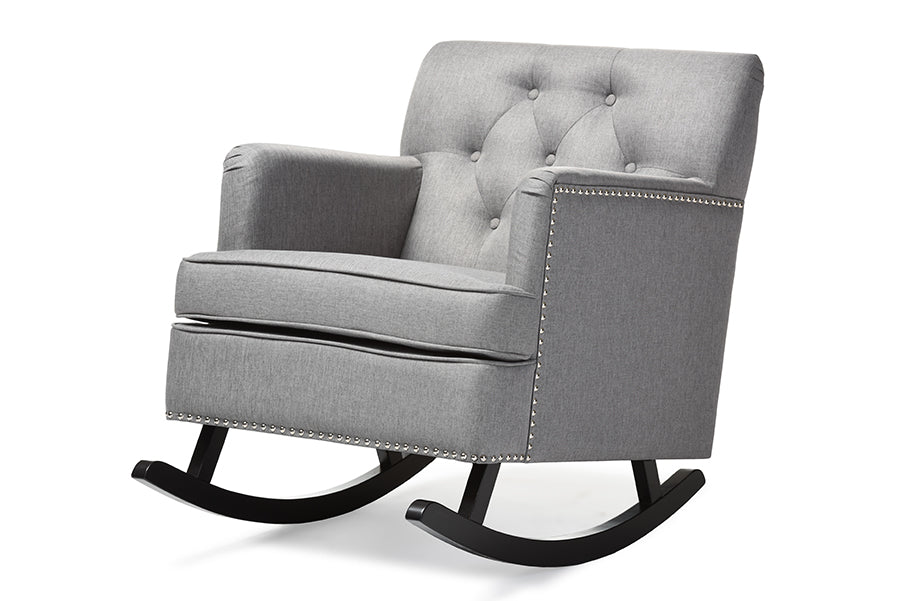 Contemporary Button Tufted Rocking Chair in Grey Fabric - The Furniture Space.