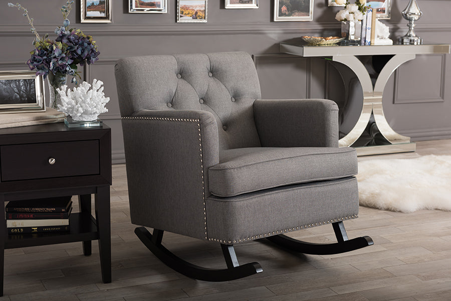 Contemporary Button Tufted Rocking Chair in Grey Fabric - The Furniture Space.