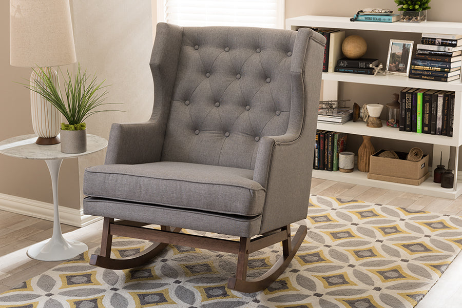 Mid-Century Wingback Rocking Chair in Grey Fabric