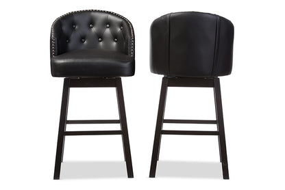 Contemporary 2 Nail Trim Swivel Bar Stools in Black Faux Leather - The Furniture Space.