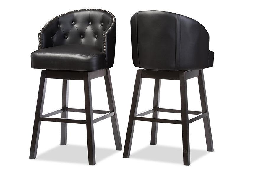 Contemporary 2 Nail Trim Swivel Bar Stools in Black Faux Leather - The Furniture Space.