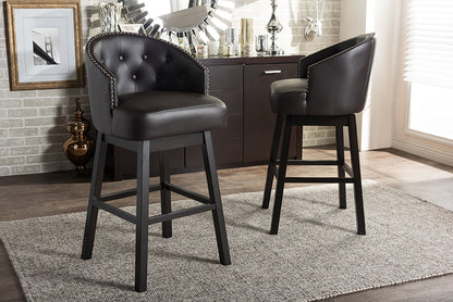 Contemporary 2 Nail Trim Swivel Bar Stools in Brown Faux Leather - The Furniture Space.