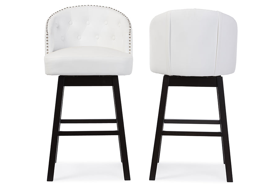 Contemporary 2 Nail Trim Swivel Bar Stools in White Faux Leather - The Furniture Space.