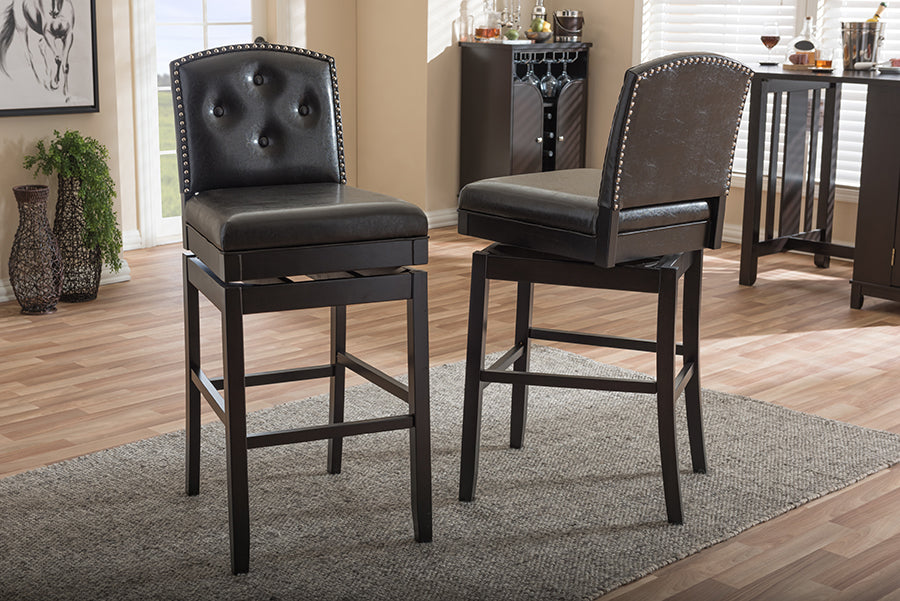 Contemporary 2 Button Tufted Swivel Bar Stools in Dark Brown Faux Leather