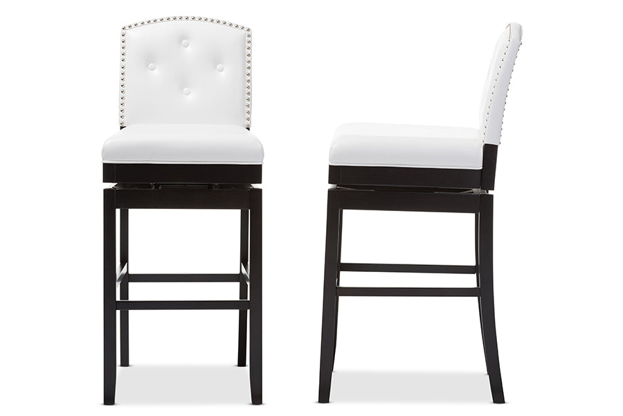 Contemporary 2 Button Tufted Swivel Bar Stools in White Faux Leather