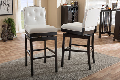 Contemporary 2 Button Tufted Swivel Bar Stools in White Faux Leather