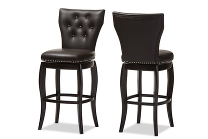 Contemporary 2 Swivel Bar Stools in Dark Brown Faux Leather - The Furniture Space.