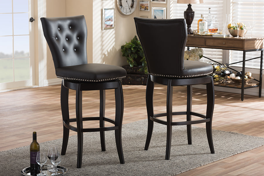 Contemporary 2 Swivel Bar Stools in Dark Brown Faux Leather - The Furniture Space.