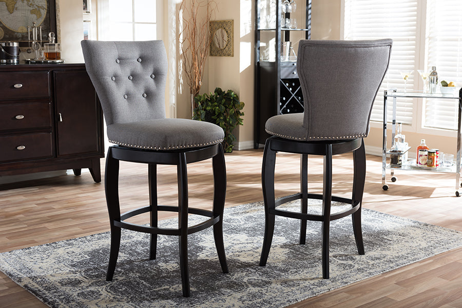 Contemporary 2 29" Bar Stools in Grey Fabric - The Furniture Space.