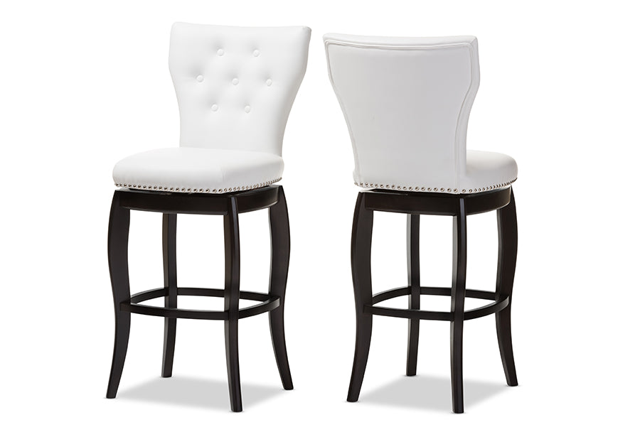 Contemporary 2 Swivel Bar Stools in White Faux Leather - The Furniture Space.