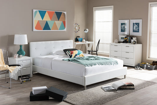 Contemporary Crystal Tufted Queen Size Bed in White Faux Leather - The Furniture Space.