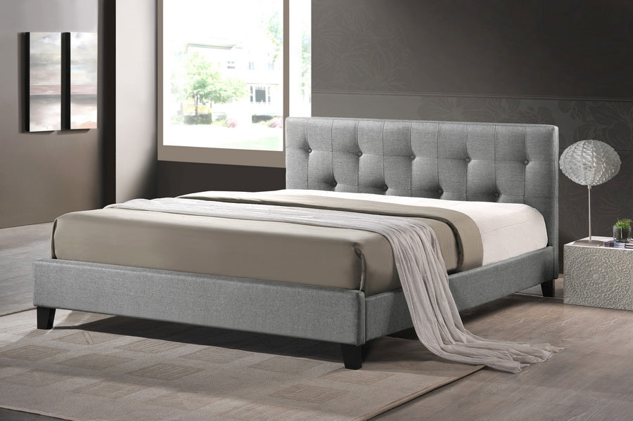 Modern Queen Size Bed in Grey Linen Fabric
