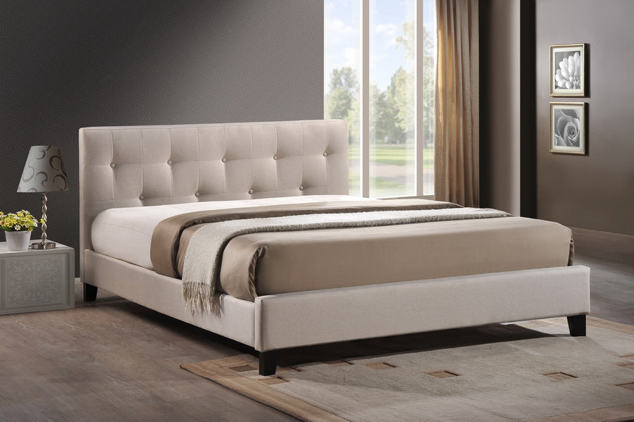 Modern Queen Size Bed in Light Beige Linen Fabric