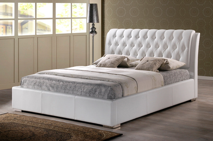 Contemporary Tufted Full Size Bed in White Faux Leather