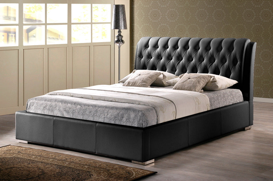Contemporary Tufted Queen Size Bed in Black Faux Leather
