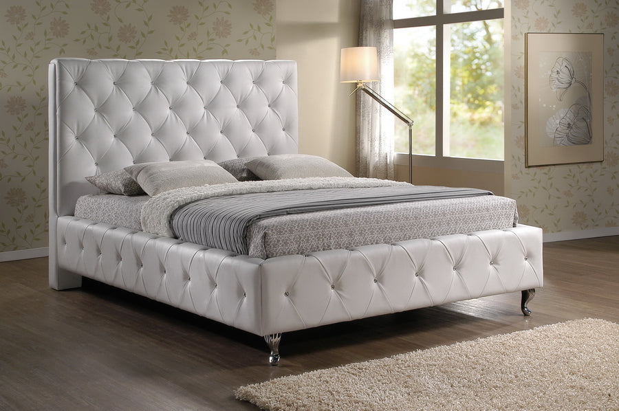 Contemporary Crystal Button Tufted King Size Bed in White Faux Leather - The Furniture Space.