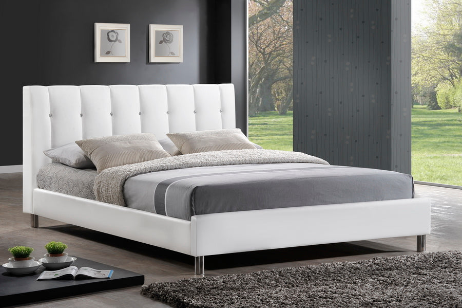 Contemporary Queen Size Bed in White Faux Leather - The Furniture Space.