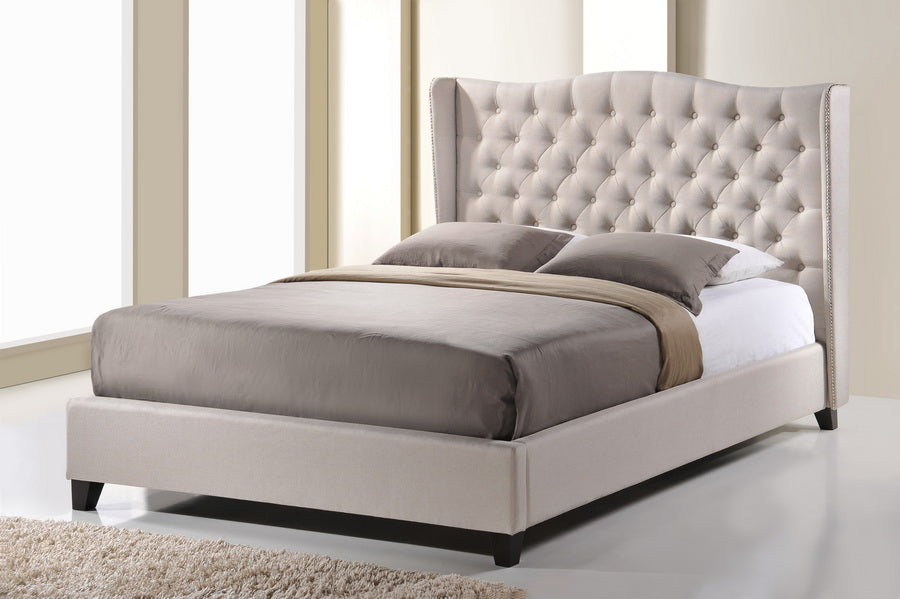 Contemporary Platform King Size Bed in Light Beige Linen Fabric - The Furniture Space.