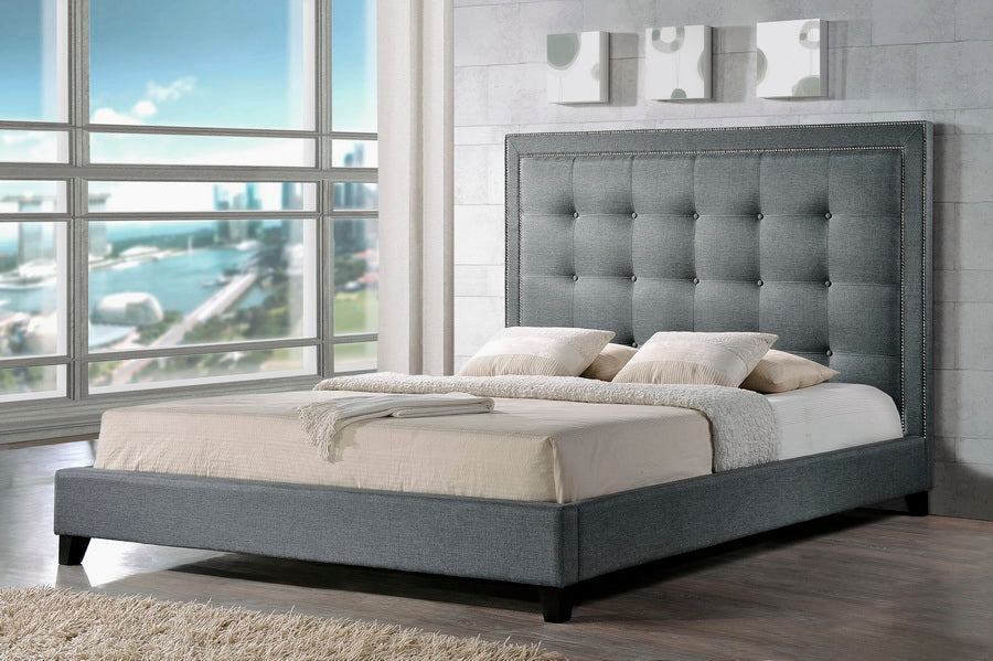 Contemporary Platform King Size Bed in Grey Linen Fabric - The Furniture Space.