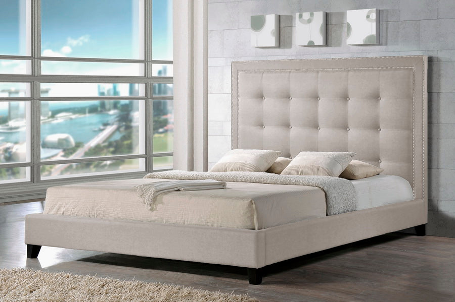 Contemporary Platform Queen Size Bed in Light Beige Linen Fabric - The Furniture Space.
