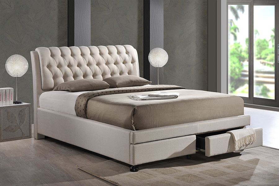 Contemporary King Size Bed in Light Beige Fabric