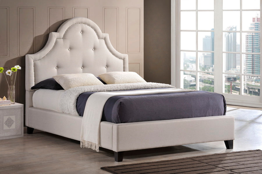 Contemporary Platform Full Size Bed in Light Beige Linen Fabric - The Furniture Space.