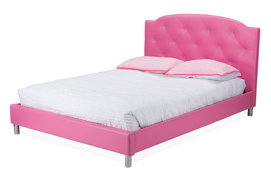 Contemporary Platform Full Size Bed in Pink Faux Leather - The Furniture Space.