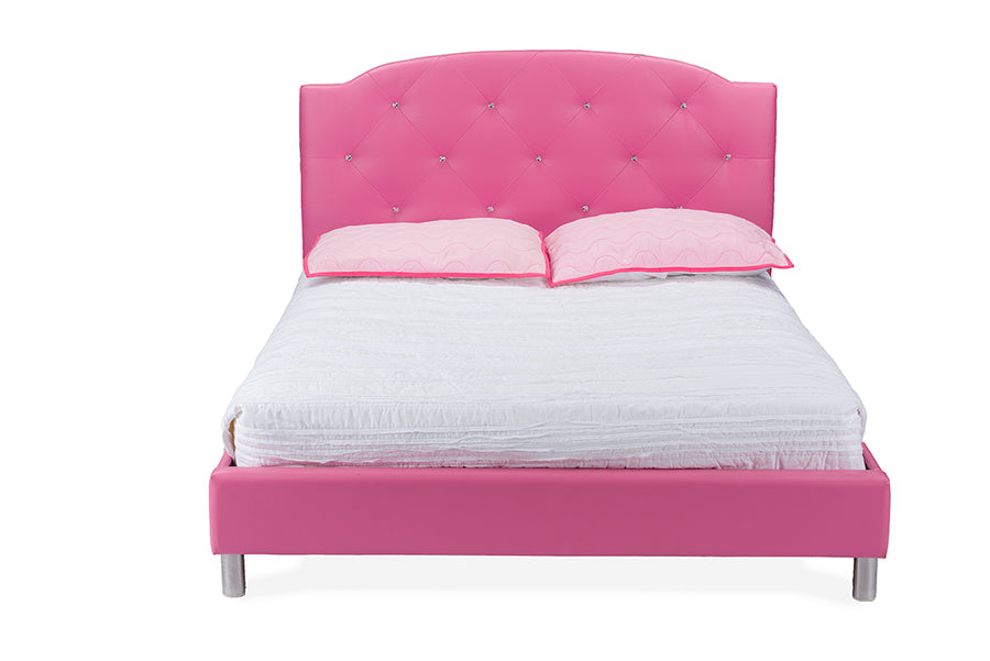 Contemporary Platform Full Size Bed in Pink Faux Leather - The Furniture Space.