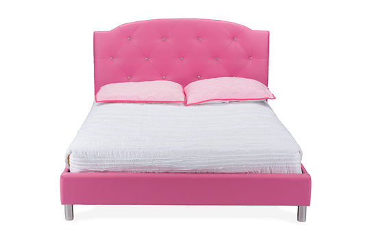 Contemporary Platform Queen Size Bed in Pink Faux Leather - The Furniture Space.